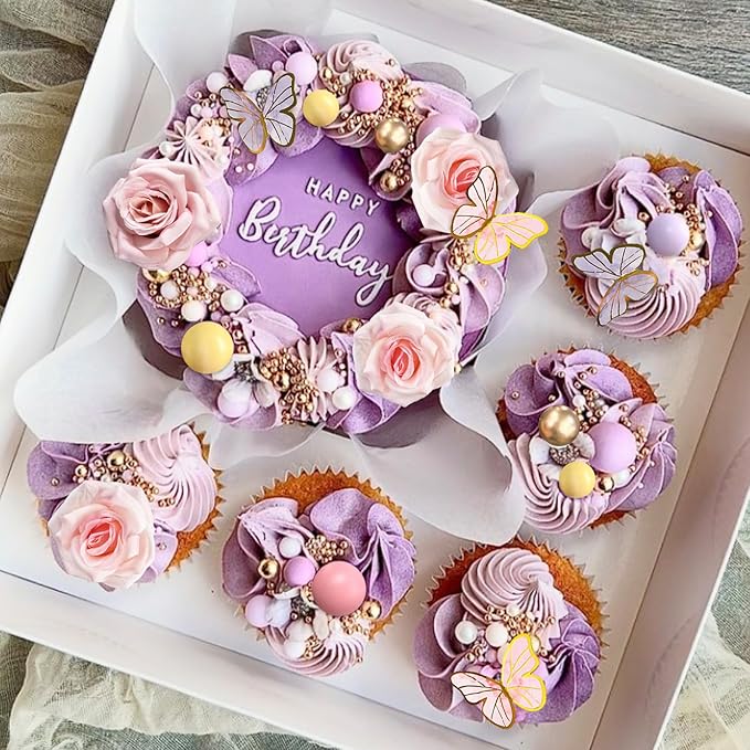 52Pcs Rainbow Cake Topper Butterflies Cake Decorations with Colorful Balls Flower Cake Toppers for Women Girls Kids Birthday Baby Shower Wedding Rainbow Flower Butterfly Themed Party Supplies