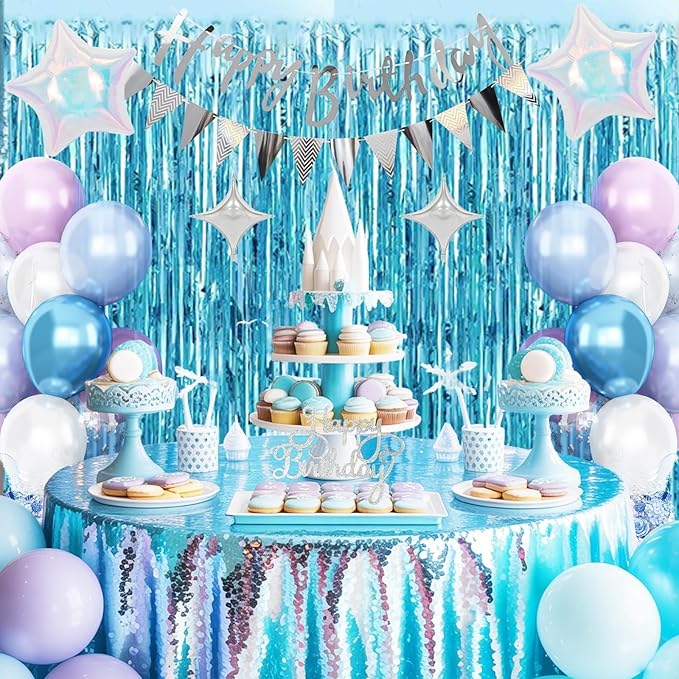 Snow Birthday Decorations for Girl, Blue Purple White Balloons with Happy Birthday Banner Fringe Curtain Iridescent and Silver Star Foil Balloons for Baby Shower Girls Theme Party Supplies