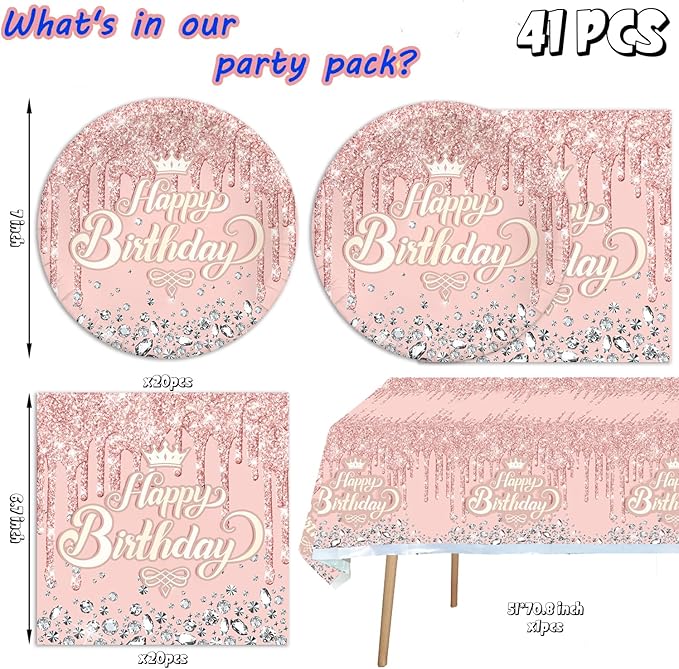 41pcs Pink and Silver Party Supplies ,include 20 dessert plate,20 Napkin and 1pcs Tablecloth,Used for Pink Glitter and Silver Birthday Party Decoration