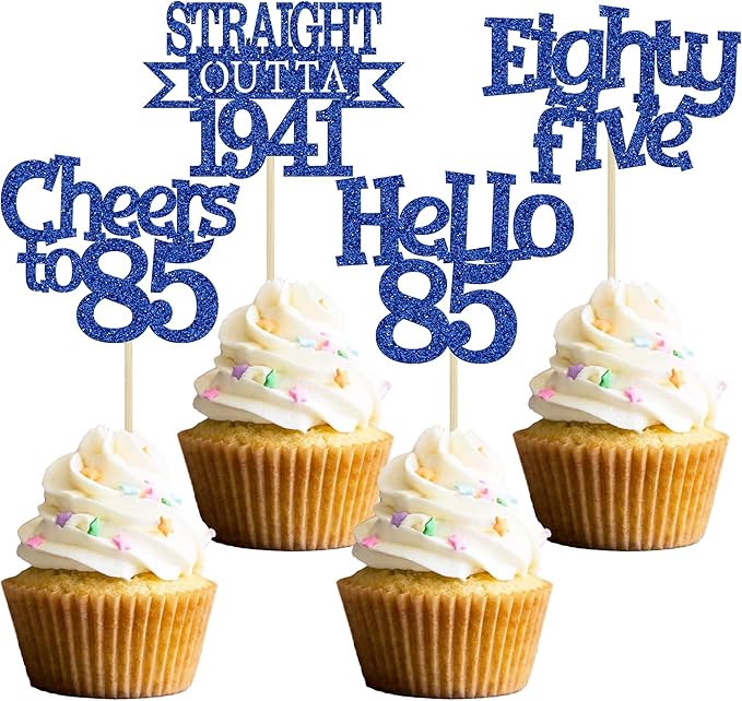 Ephlyn 24Pcs 85th Birthday Cupcake Toppers Glitter Straight Outta 1941 Cupcake Picks Hello 85 Cheers to 85 Years Cake Decorations for 85th Birthday Anniversary Party Decorations Supplies Blue