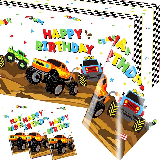 Monster Truck Tablecloth - 3 Pcs Disposable Machine Table Cover, Checkered Tablecloth for Monster Truck Birthday Party Decorations