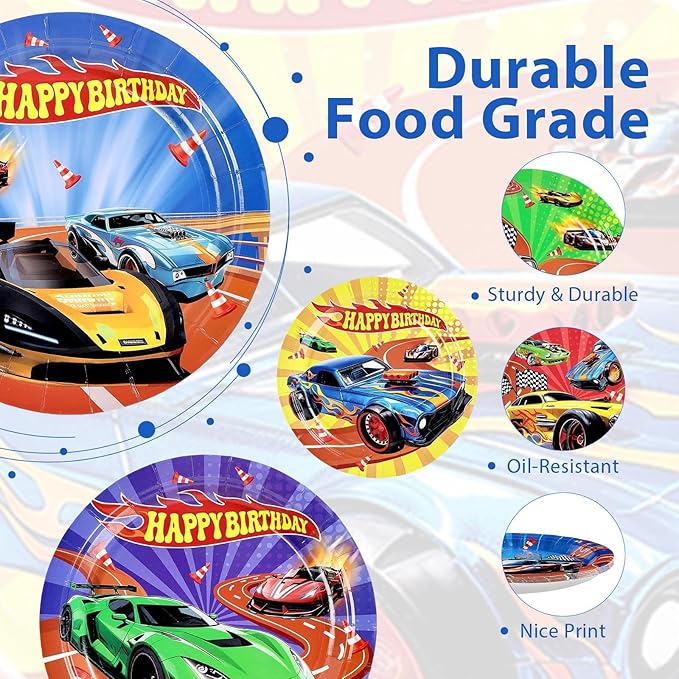 Grencian 60Pcs Hot Car Birthday Party Paper Plates 9" Heavy Duty Disposable Racing Car Dessert Platters Plates Hot Cars Decorations for Boys Kids Birthday Race Sports Game Themed Party Decoration