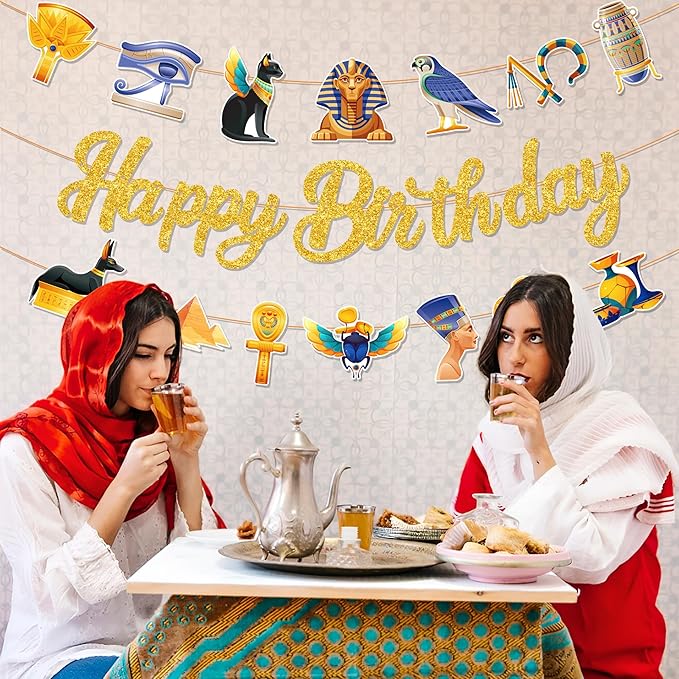 CC HOME 3Pcs Ancient Egyptian Happy Birthday Banner Pharaoh Party Hanging Banner Mythology Theme Birthday Bridal Wedding Baby Shower Boys Girls Kids Home Classroom Party Supplies Decoration
