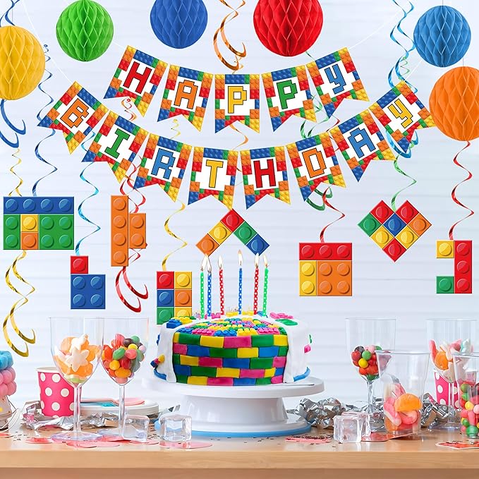 Building Block Birthday Party Decorations Brick Themed Happy Birthday Banner Colorful Block Hanging Swirls Honeycomb Balls Circle Dots Garland for Colorful Brick Pre-strung Birthdays Party Decor