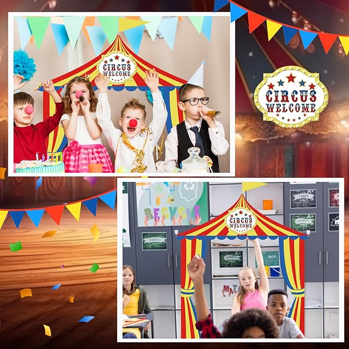 Preboun 3 Pcs Circus Tent Decorations Carnival Circus Theme Party Decorations Carnival Tent Banner Striped Pennant for Clown Theme Birthday Party Classroom Supply