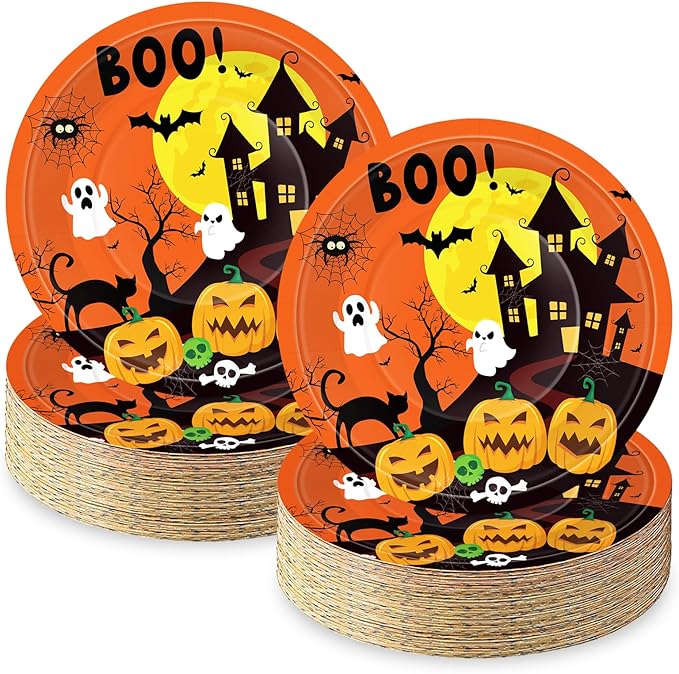 50 Pcs 9-Inch Halloween Paper Plates - Spooky Haunted House Party Supplies Set, Disposable Tableware with Ghost, Pumpkin, and Bat Designs for Candy, Snack, Dessert, Trick or Treat Decorations