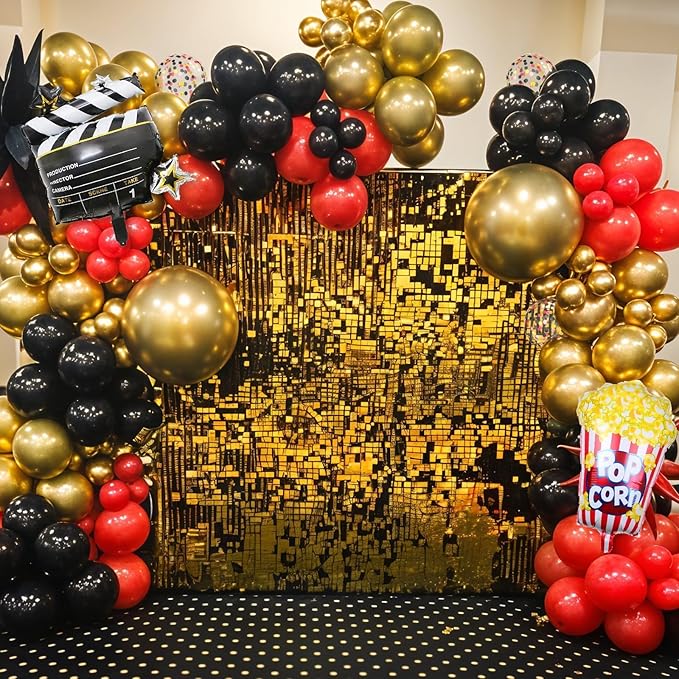 Movie Night Party Balloons, Red Black Gold Confetti Balloons with Film Clapboard and Pop Corn Foil Balloon for Boy Girl Movie Theme Party Decorations Graduation Baby Shower Birthday