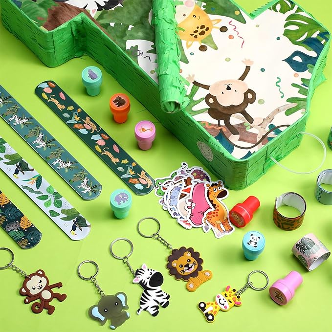 Pasimy 93 Pcs Jungle Safari Party Favors Include Wild One Piñata Stick Blindfold Zoo Animal Stickers Forest Slap Bracelets Stampers Keychains for Jungle Safari Birthday Party Supplies