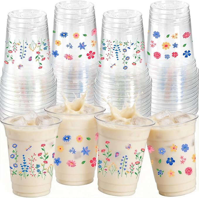 50pcs Wildflower Plastic Cups, 12 Oz Floral Clear Disposable Cups Bulk, Vintage Flower Plastic Drinking Cup for Spring Summer Party Favor Flower Birthday Wedding Party Supplies
