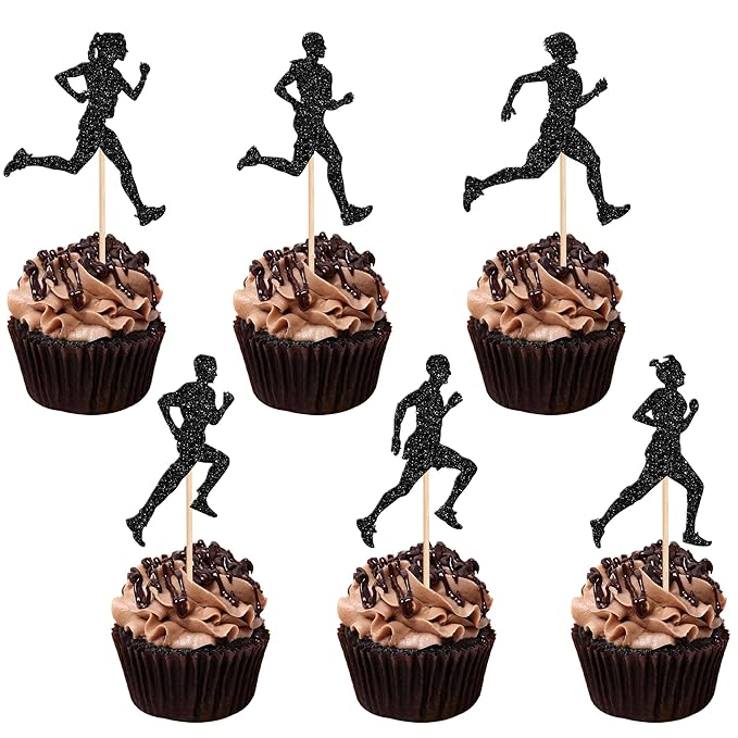 24 PCS Running Cupcake Toppers Black Glitter Sports Fitness Cupcake Picks for Running Theme Boys Girls Birthday Party Cake Decorations Supplies