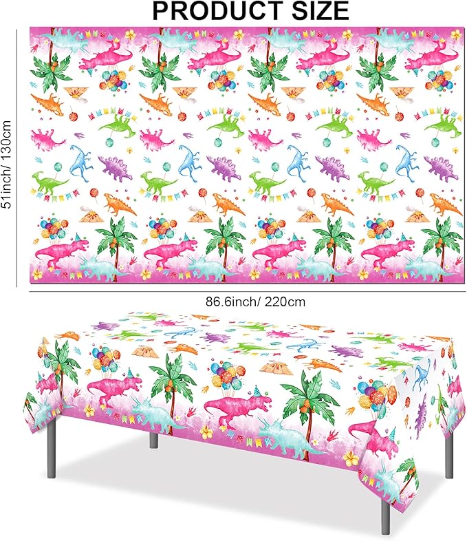 PHOGARY Pink Dinosaur Tablecloth - 3 Pack Plastic Table Cover, Girl's Party Supplies - Dino Theme Rex Decoration - 51" x 87"