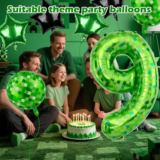 40 Inch Green Pixel Themed Number 9 Balloon Set Foil Balloon for Girls & Boys Birthday Party Decorations, Party Supplies & Favors (Number 9)
