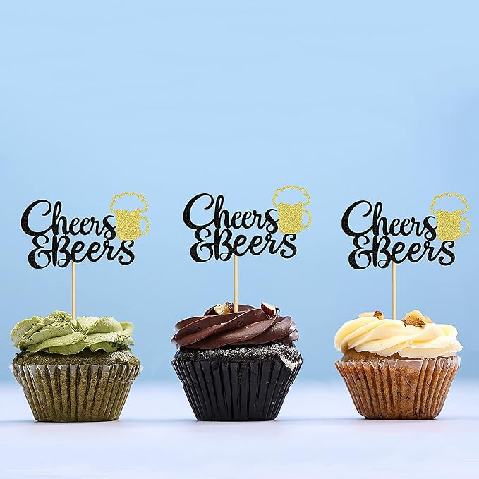 Ercadio 24 Pack Cheers and Beers Cupcake Toppers with Glitter Beer Mug Cupcake Picks Baby Shower Birthday Beers Festival Themed Party Cake Decorations Supplies Black