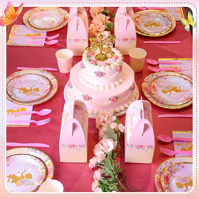 Meanplan 168 Pcs Fairy Party Supplies Fairy Plates and Napkins Fairies Tableware Set Plate Napkins Cups Knives Fork Spoon for Birthday Baby Shower Fairies Enchanted Party Decorations Serves 24 Guests
