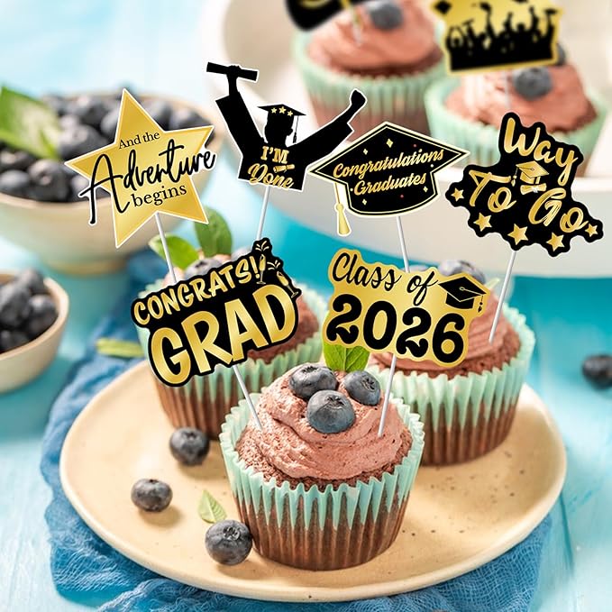 2026 Graduation Cupcake Toppers - 48 Pcs Black Gold Graduation Party Supplies Mini Cake Food/Appetizer Picks For Class of 2026 Graduation Decorations