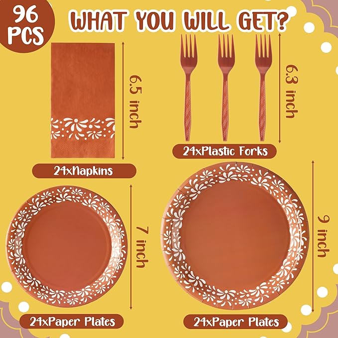 96Pcs Brown Platos De Barro Mexicanos Cielito Lindo Terracotta Clay Party Plates Supplies Tableware Decorations Disposable Paper Plates Napkins Forks for Birthday Baby Shower, Serves 24