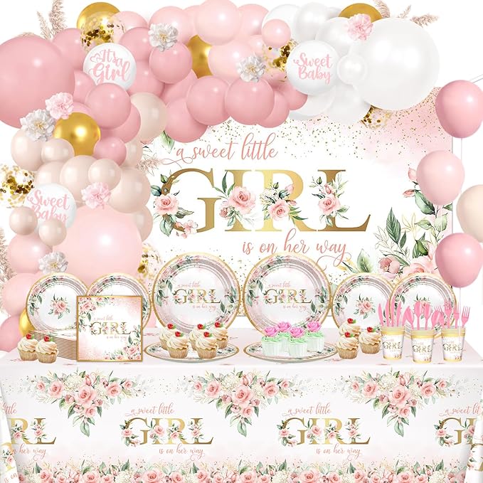 Baby Shower Decorations for Girl 278 Pcs Pink Floral Baby Shower Party Supplies: Little Girl Is on Her Way Banner, Plates, Napkins, Cups,Tablecloth, Balloons, Serve 24
