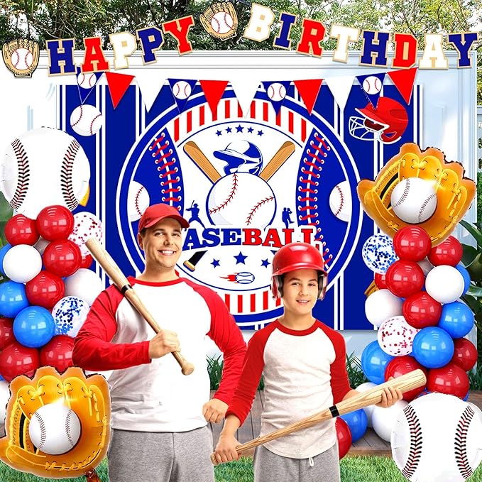 Baseball Birthday Party Decorations, 64 PCS Baseball Party Supplies Kit, Include Backdrop, Happy Birthday Banner, Balloons, Cupcake, Cake Toppers