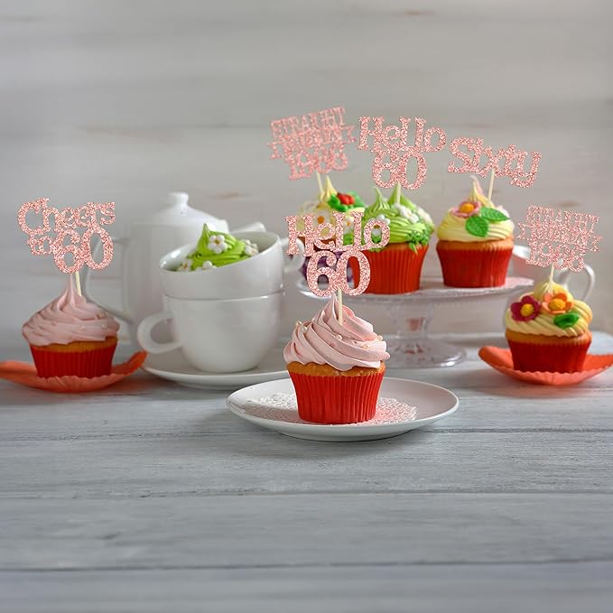 Ephlyn 24Pcs Happy 60th Birthday Cupcake Toppers Glitter Straight Outta 1966 Cupcake Picks Hello 60 Cheers to 60 Years Birthday Cake Decorations for 60th Birthday Anniversary Party Supplies Rose Gold