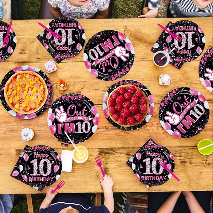 96Pcs 10th Birthday Party Supplies Black and Hot Pink Plates Napkins and Forks Diamond I’m 10 Disposable Paper Tableware Set for Girls 10 Years Old Birthday Party Supplies Serves 24