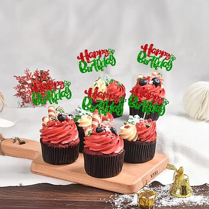 Ephlyn 24Pcs Happy Birthday Cupcake Toppers Double Layer Glitter Happy Birthday Cake Decorations for Christmas Theme Baby Shower Anniversary Party Decorations Supplies Red Green