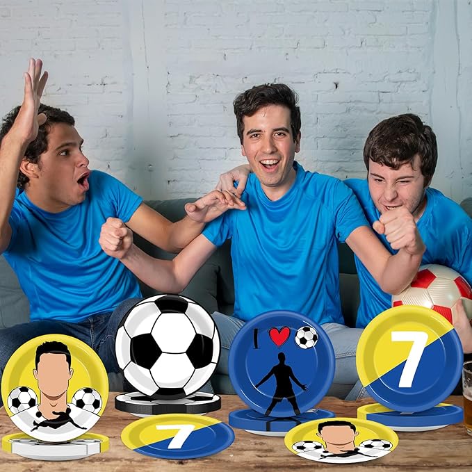 48Pcs Soccer Paper Plates Set Soccer Star Disposable Dessert Plates Supplies 7Inch Blue and Yellow Sports Ball Plate Sport Party Dinnerware Decorations for Birthday Baby Shower Party Decorations