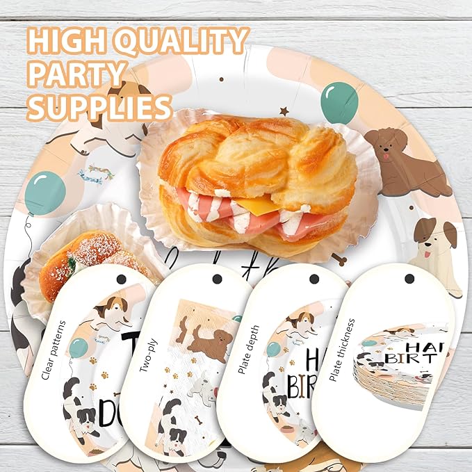 96Pcs Dog Theme 2nd Birthday Party Supplies puppy paw print Plates and Napkins Happy Birthday Tableware Set for Puppy 2 Year Old Kids Pet Lovers Animal Party Supplies Serves 24