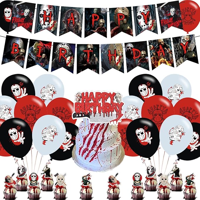 Party Decorations,Birthday Party Supplies for Horror Movie Party Supplies Includes Banner - Cake Topper - 12 Cupcake Toppers - 18 Balloons