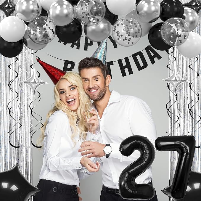 27th Birthday Decorations for Boys Girls, Silvery and Black Happy 27th Birthday Banner,Number 27 Balloons Arch Kit for 27 year old Party Decorations