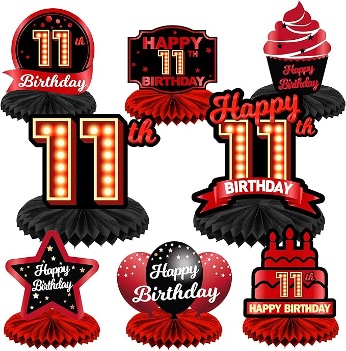 Happy 11th Birthday Red and Black Table Honeycomb Centerpieces Balloons Theme Decor Table Decorations Table Toppers for Girls Women Princess 11 Years Old Birthday Party Bday Supplies Background Gold