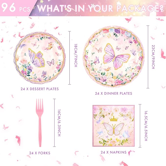 CANREVEL 96 PCS Butterfly Birthday Party Plates Serve 24, Butterfly Plates and Napkins Forks Set, Disposable Tableware for Party Supplies Decorations for Grils Kids Women