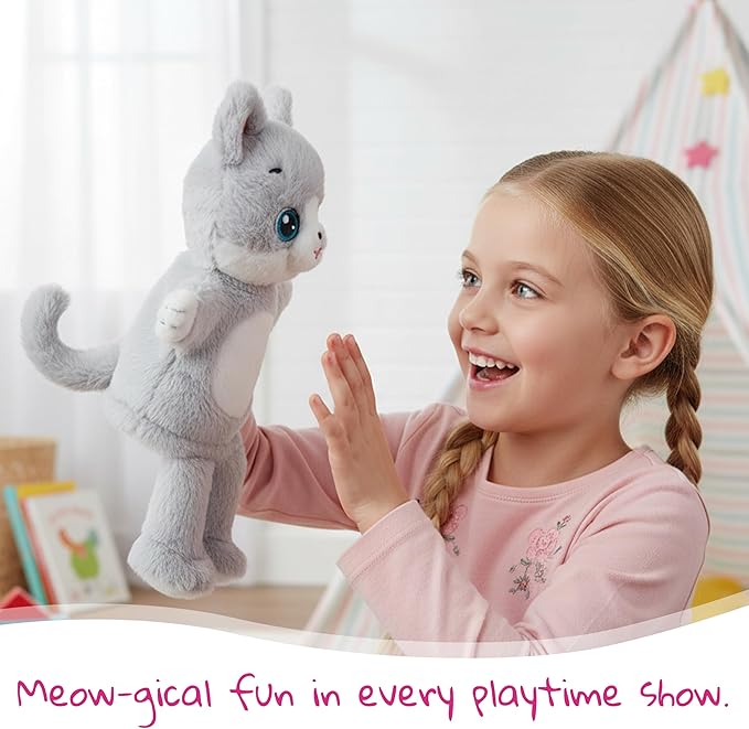 June Garden Plush Gray Cat Hand Puppet – Soft Storytelling Toy with Big Embroidered Eyes – Pretend Play Gift for Toddlers and Kids