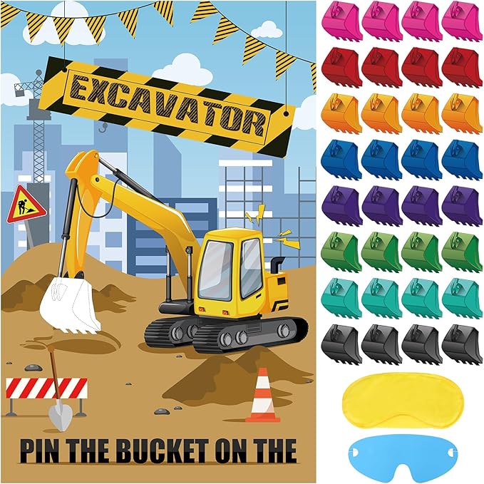 Hxezoc Pin The Bucket on The Excavator Game With 32 Pcs Buckets Large Construction Party Games Poster for Kids Birthday Party Construction Party Supplies