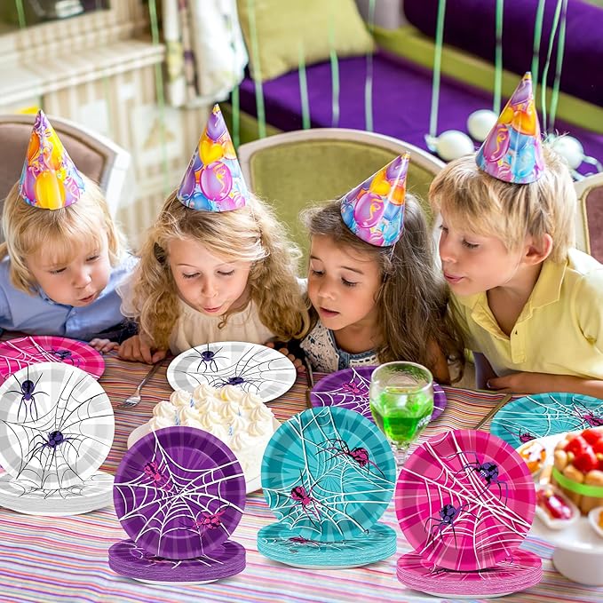 60Pcs 7'' Pink Spider Party Supplies Super Theme Hero Dessert Plates Decorations Spiderweb Disposable Paper Plates Pink Ghost Spiders Tableware for Girl Women Hero Party Favors Birthday