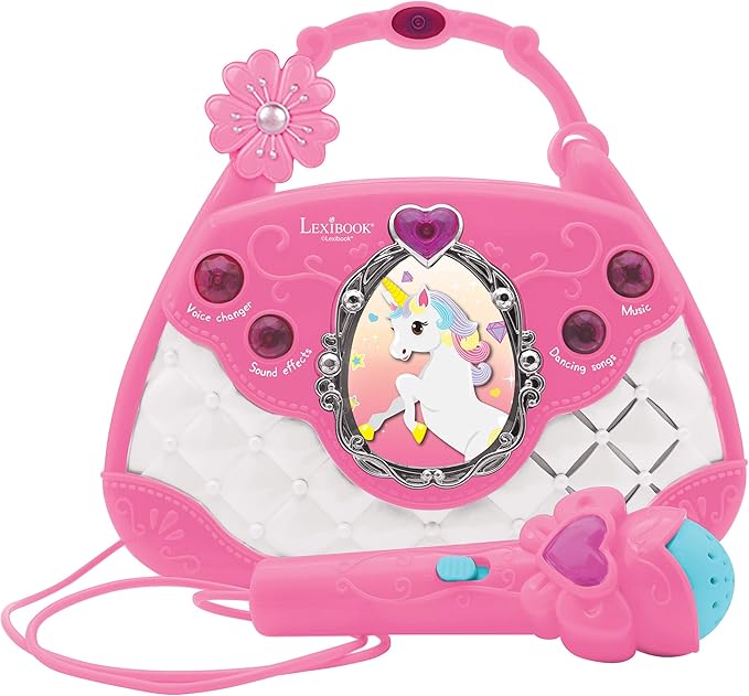 Lexibook Unicorn, Karaoke Bag with Microphone, Voice Changer, Demo Songs, Light Effects, mic Included, aux-in Input, Pink/Blue, K102UNI