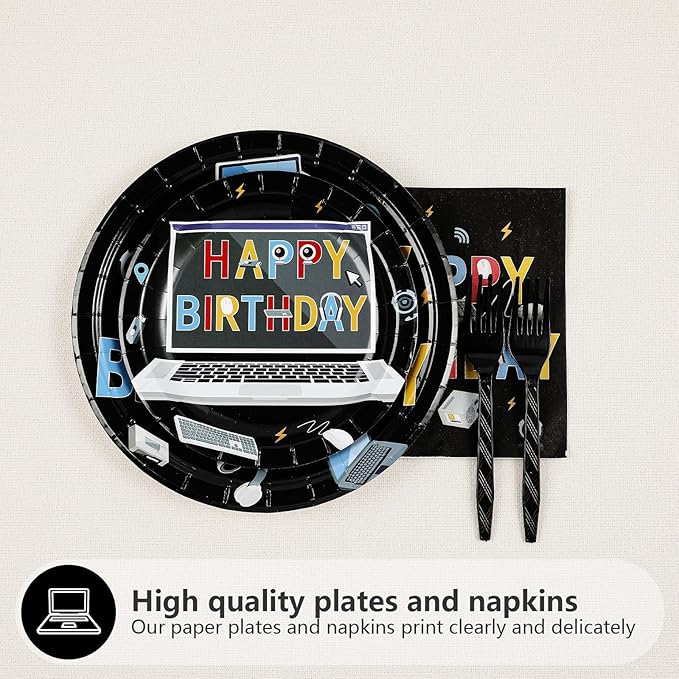 96Pcs Computer Birthday Party Decorations Computer Themed Plates and Napkins Intelligence PC Tableware Set for Boy Girl Birthday Software Engineering IT Party Supplies，Serves 24