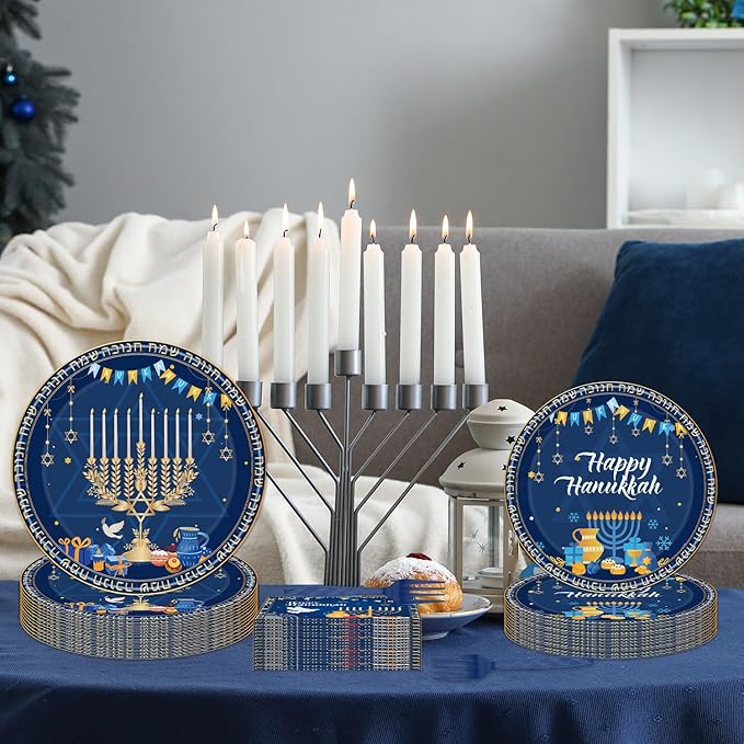 96PCS Happy Hanukkah Plates and Napkins - Hanukkah Decorations Chanukah Party Supplies Jewish Chanukah Disposable Tableware Set Serve 24 Guests