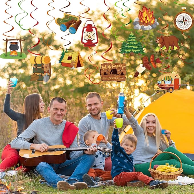 58 Pcs Camping Party Hanging Swirls Camping Themed Party Decorations Campings Adventure Sign Foil Swirls Ceiling Decorations for Kids Adults Campings Theme Party Indoor Outdoor Baby Shower