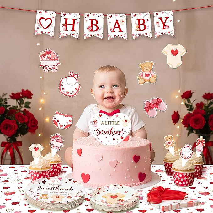 A Little Sweetheart Is On The Way Baby Shower Party Decoration Set - Serves 24 - 112Pcs Bear Tableware Disposable Plate Napkin Tablecloth Banner Card for Birthday Party Supplies