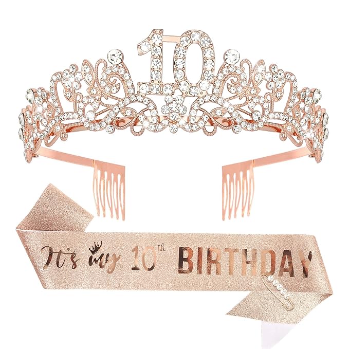 Semato 10th Birthday Decorations for Girl Sash and Crown Kit Rose Gold 10th Birthday Gifts for Girls Party Supplies