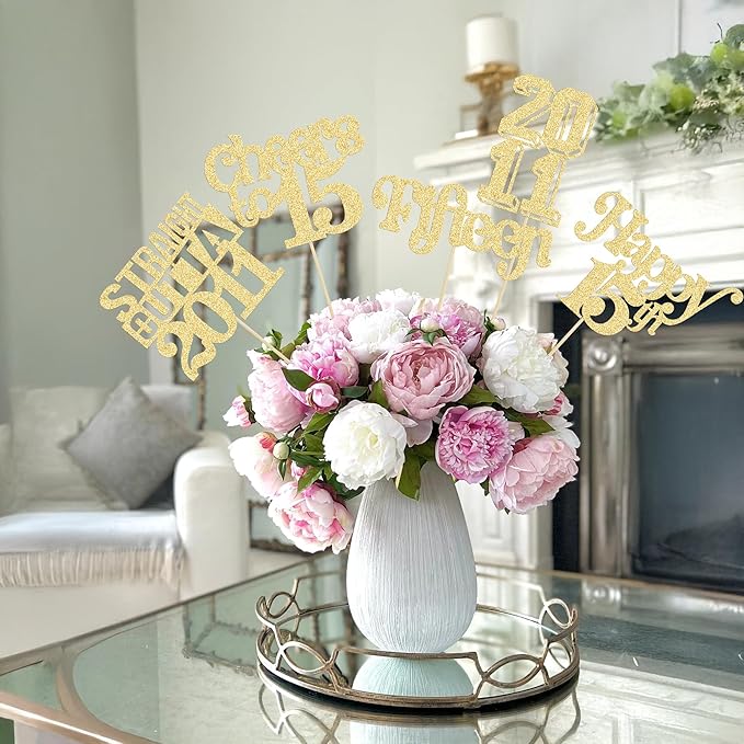 Gyufise 15Pcs Happy 15th Birthday Centerpiece Sticks Fifteen Straight Outta 2011 Table Flower Centerpieces Sticks for Cheers to 15th Birthday Party Supplies Gold