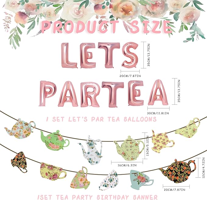Let's Par Tea Decorations Tea Party Balloons Banner LET'S Par-Tea Foil Balloon Floral Teapots Teacups Balloons Banner Teacup banners for Birthday Baby Shower Wedding Party Supplies