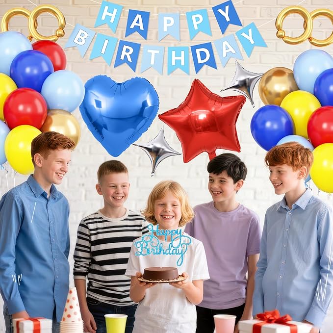 Red Blue Yellow Gold Birthday Decorations,Carnival Circus Party Balloons Banner Cake Topper Star Heart Foil Balloon for Baby Shower Carnival Party
