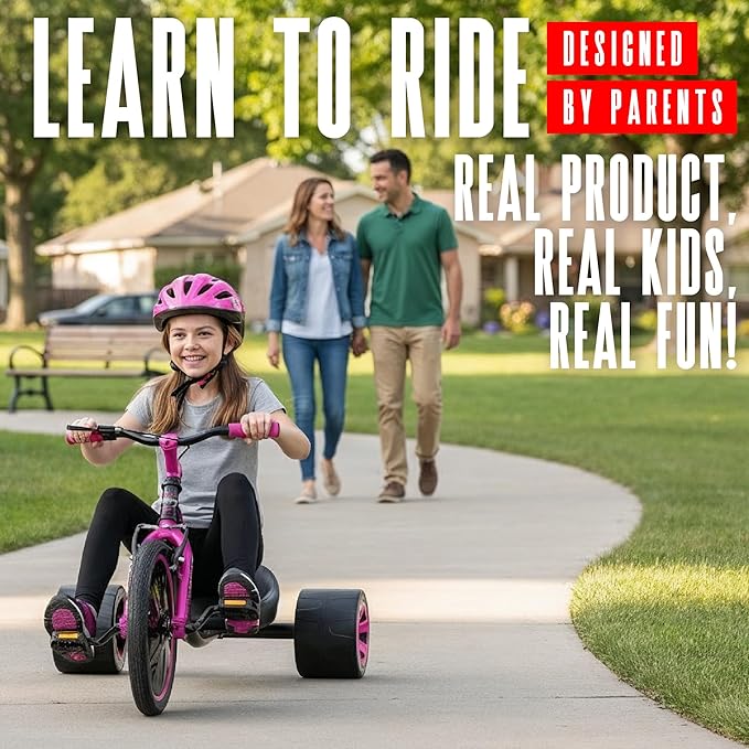 Drift Trike for Kids Ages 5+ – 16" Front Wheel Ride-On with Adjustable Seat, Steel Frame, Rear Slick Drift Wheels & Safety Flag – Madd Gear (Black/Pink)