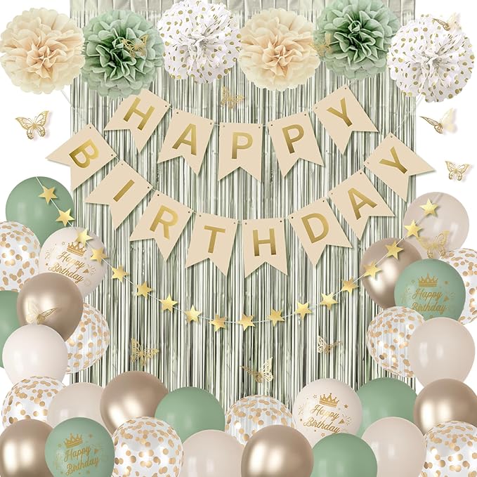 Sage Green Birthday Decorations for Women Girls, Green Sand Gold Confetti Metallic Printed Balloons Butterfly Stickers Fringe Curtain Happy Birthday Banner Star Garland Paper Pompoms Party Supplies