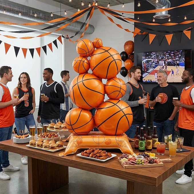 Soulchen 1 Pack Giant Self Standing Basketball Foil Balloons 3.5 ft with Field Base for Birthday Themed Party Decoration Sports Supplies Decor (Basketball Pile)