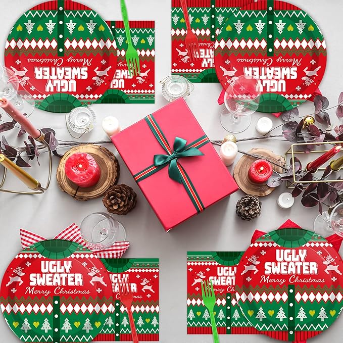 gisgfim 96 Pcs Christmas Ugly Sweater Paper Plate Napkins Party Supplies Tacky Sweater Party Birthday Decorations Favors for Xmas Serves 24
