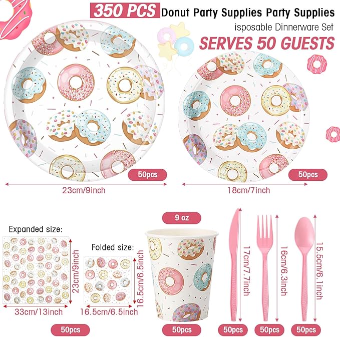 350 Pcs Donut Grow up Party Supplies Tableware Set Disposable 9'' 7'' Paper Plates 9 oz Cups Cutlery Napkins Dinnerware Set for 1st Birthday, Serve 50 (Donut Grow Up, Macron Color)