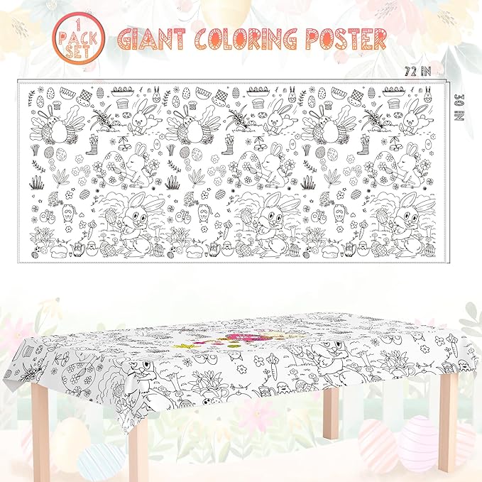 Spring Easter Coloring Tablecloth for Kids: 72x30 Inch Activity Poster Crafts, Classroom Game, Spring and Easter Paper Table Cloth & Cover, Bunny & Egg Tablecloth Banner Party Supplies Decoration