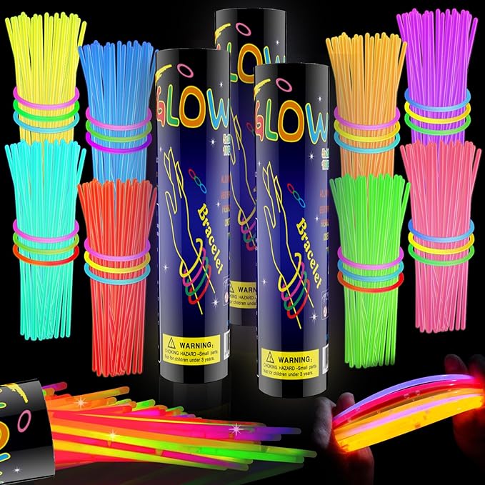 300 Pcs Glow Sticks Bulk Party Pack, 8'' Glow in the Dark Party Supplies, Glow in the Dark Light Up Sticks with Connectors, Party Favors for Birthday, Concert, Raves, Halloween, Christmas